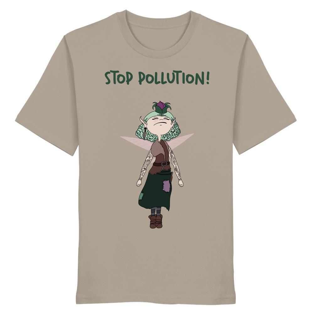 Vegan und Bio Unisex Shirt mit STOP POLLUTION!-Aufdruck zeigt eine grünhaarige, tätowierte Fee, die für Umweltschutz plädiert. Hergestellt aus 100% Bio-Baumwolle.