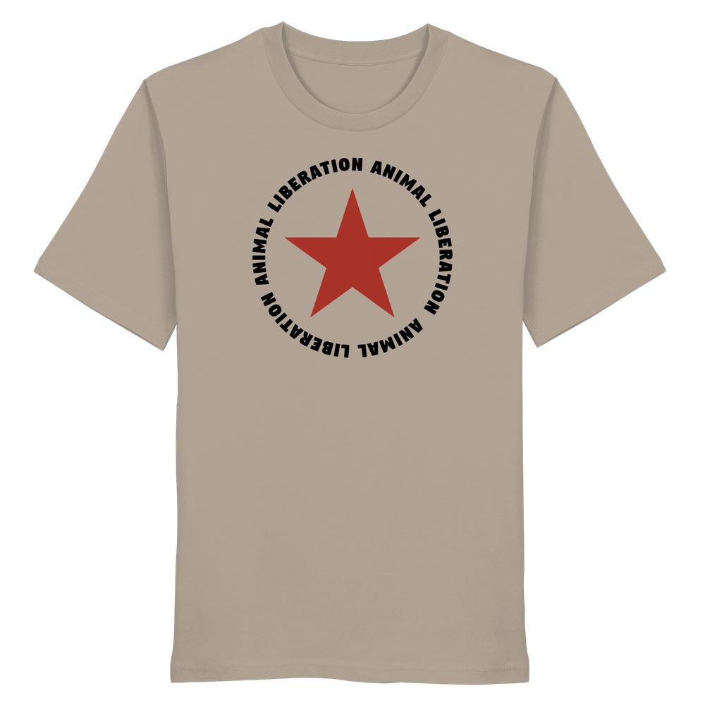 Vegan und Bio Unisex Shirt: Roter Stern, zentrale Botschaft ANIMAL LIBERATION um roten Stern, aus 100 % Bio-Baumwolle, normales Design, rebellisch und nachhaltig von RUDE REBEL.
