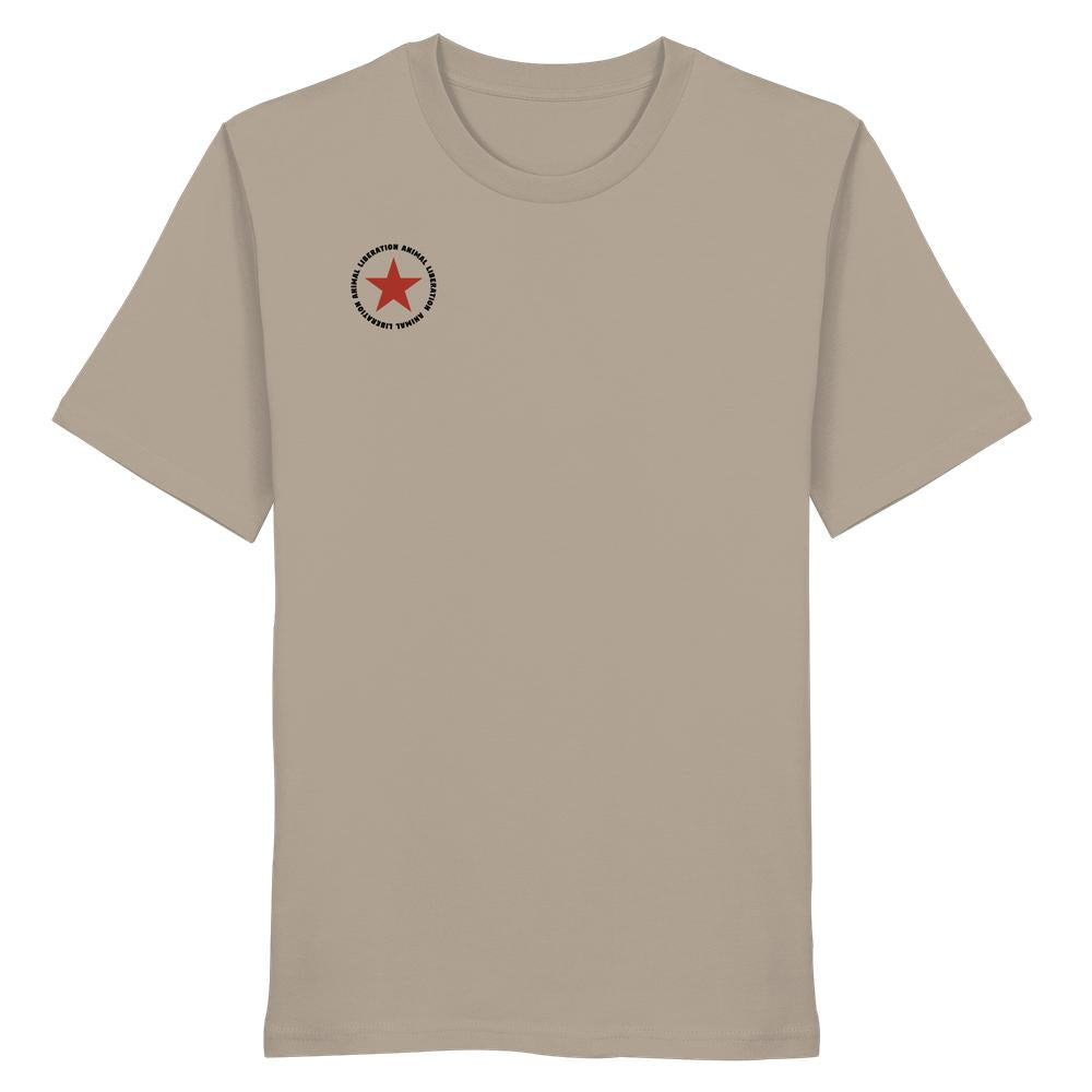 Vegan und Bio Unisex Shirt: Red Star - Animal Liberation mit rotem Stern-Logo, aus 100 % Bio-Baumwolle, repräsentiert Tierrechte. Schlichtes Design, normale Passform.