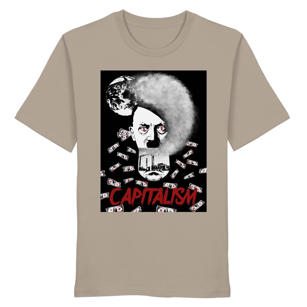 Beiges T-Shirt mit Print CAPITALISM: Schwarze Kopf-Silhouette mit rauchendem Haar, roten Augen, Geldscheinen. Kritik an kapitalistischer Umweltverschmutzung. Bio-Baumwolle, normaler Schnitt. Vegan und nachhaltig.