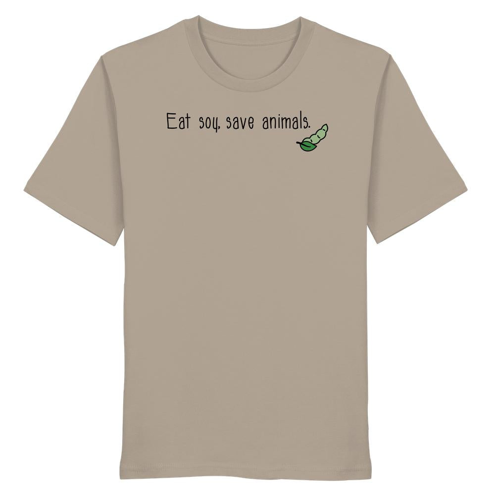 Vegan und Bio Unisex Shirt: Veganism - Eat soy, save animals. Zeigt Slogan mit grüner Sojabohne auf beigem Shirt. Hergestellt aus 100% Bio-Baumwolle.
