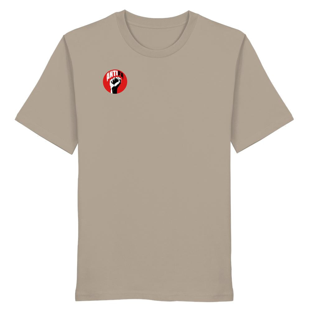 Vegan und Bio Unisex Shirt: Antifa - Gemeinsam gegen Rechts, zeigt ein kleines Antifa-Logo mit rotem Kreis und erhobener Faust auf der linken Brust.