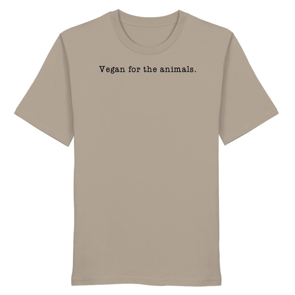 Unisex-Shirt mit kurzem Ärmel, Aufdruck Vegan for the animals in Schreibmaschinen-Schrift, 100% Bio-Baumwolle, symbolisiert vegane und nachhaltige Lebensweise.