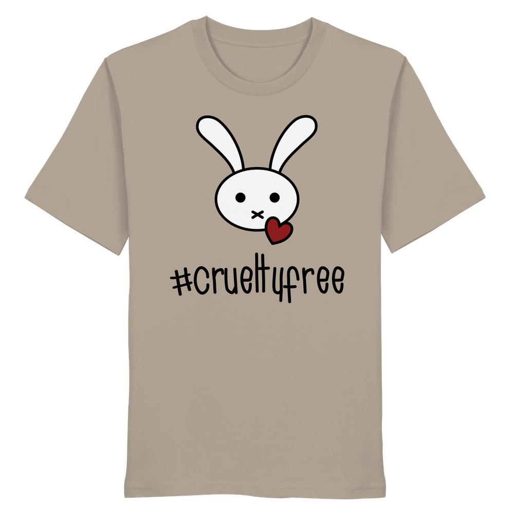 Vegan und Bio Unisex Shirt: Crueltyfree Bunny BIG zeigt weißen Hasen mit Herz und #crueltyfree-Aufschrift auf hellbraunem Bio-Baumwollstoff. Normale Passform, von RUDE REBEL.