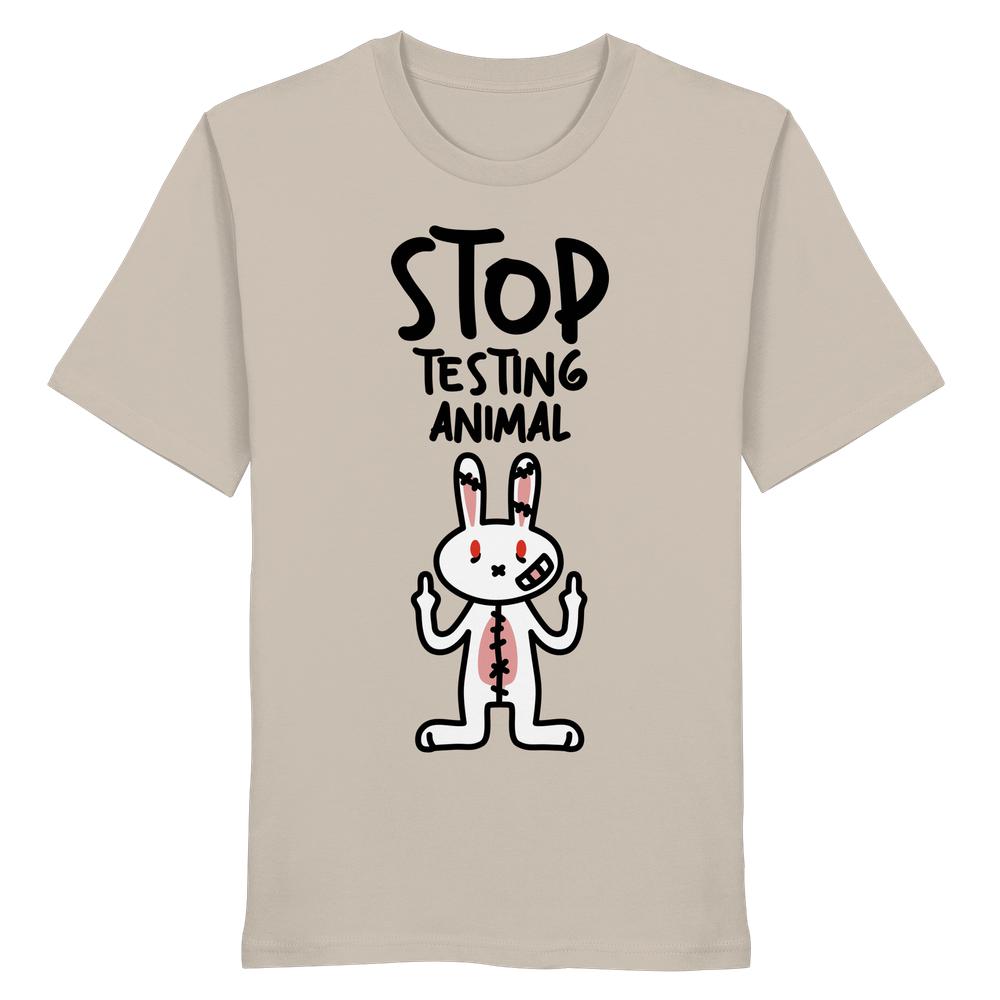 Vegan und Bio Shirt: Angry Rabbit - Animal Rights, beige T-Shirt mit Cartoon-Aufdruck eines protestierenden Hasen, der gegen Tierversuche rebelliert. 100% Bio-Baumwolle, normale Passform.