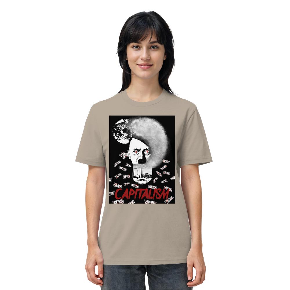 Vegan und Bio Unisex Shirt: Capitalism vs. Earth - The Money Game, zeigt ein kritisches Grafikdesign mit rauchenden Fabriken, Erde und Geldscheinen, 100% Biobaumwolle, normale Passform.