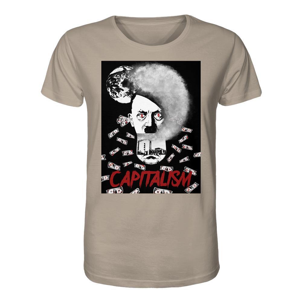 Vegan und Bio Unisex Shirt: Capitalism vs. Earth - The Money Game zeigt ein düsteres Gesicht mit roten Augen, Fabrik-Skyline und Banknoten, symbolisiert Kapitalismuskritik.