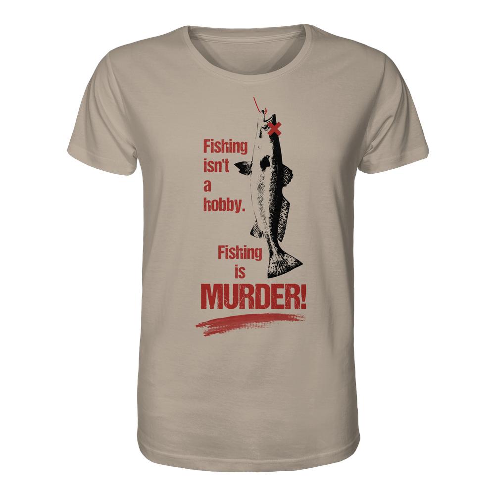 Vegan und Bio Unisex Shirt: Fishing is MURDER! mit Fischmotiv und rotem Text, aus 100% Bio-Baumwolle, normaler Schnitt, von RUDE REBEL.