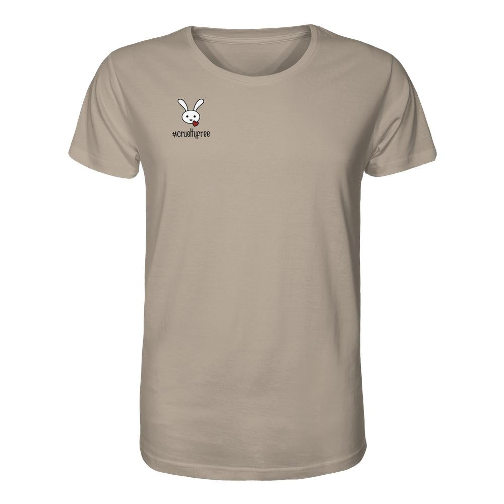 Veganes und Bio Unisex Shirt: Crueltyfree Bunny, hellbeiges Shirt mit weißem Hasenmotiv und rotem Herz auf der Brust, aus 100% Bio-Baumwolle, normale Passform.