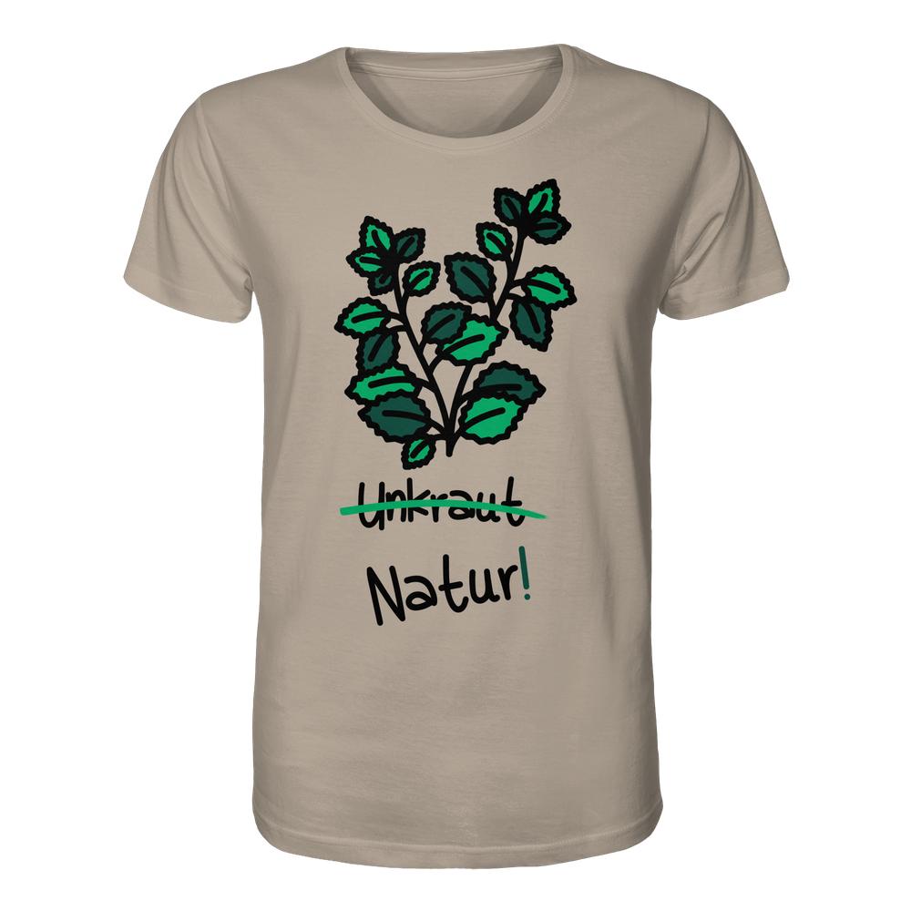 Vegan und Bio Unisex Shirt: Brennnessel - Naturschutz, zeigt grünes Pflanzenmotiv mit durchgestrichenem Unkraut und Natur! Schriftzug, aus 100% Bio-Baumwolle, normaler Schnitt.