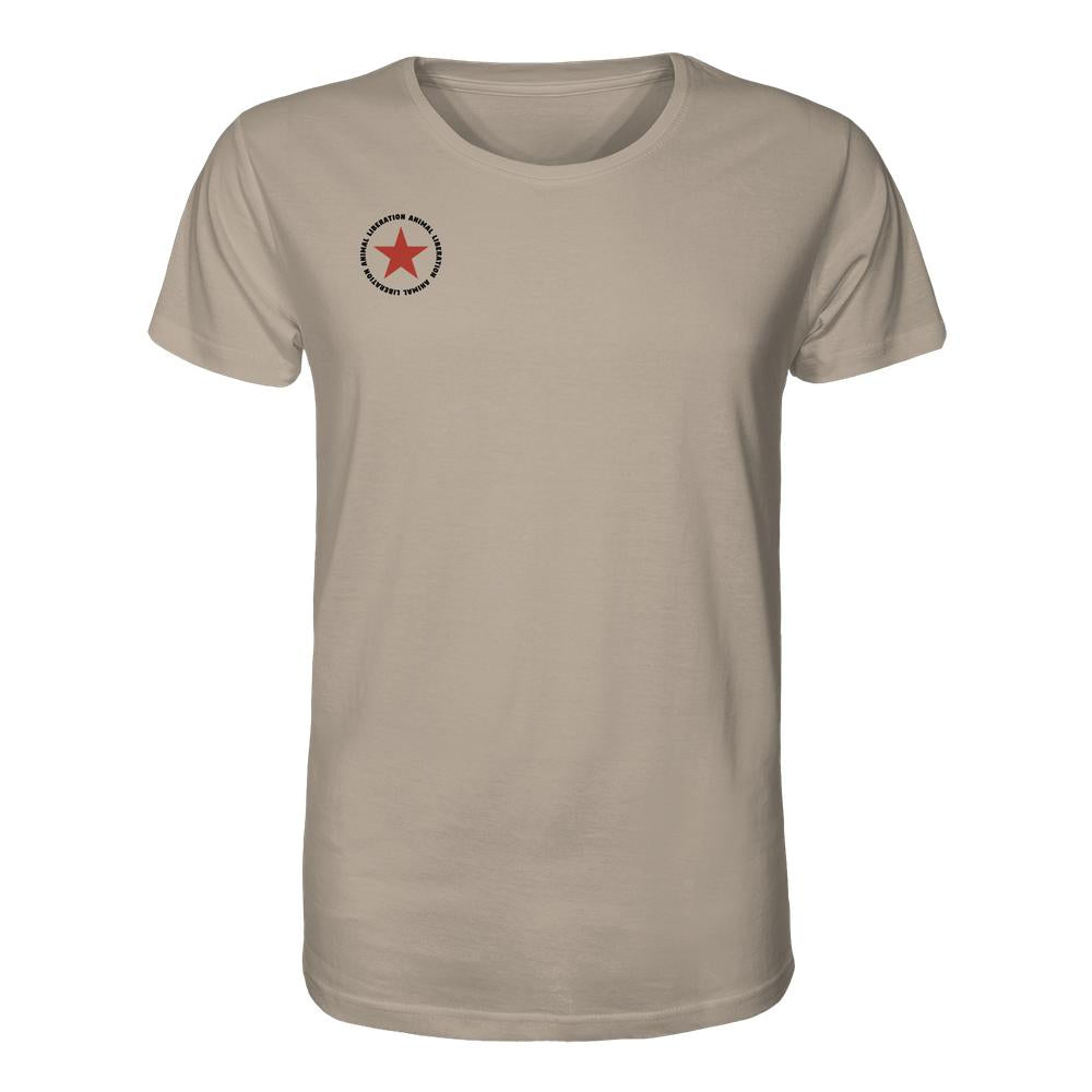 Vegan und Bio Unisex Shirt: Red Star - Animal Liberation, sand-beige, kurzärmelig, mit kleinem Logo „ANIMAL LIBERATION“ und rotem Stern auf Brust. 100% Bio-Baumwolle.