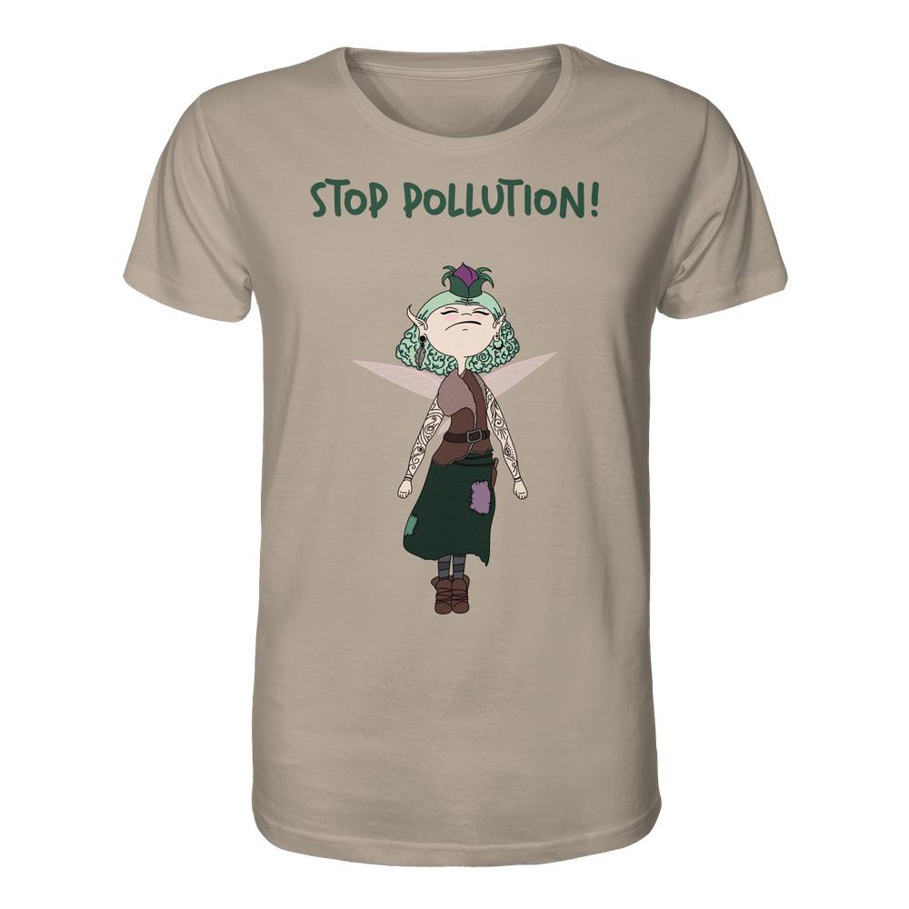 Vegan und Bio Unisex Shirt: STOP POLLUTION! - Krawall Fee zeigt eine tätowierte Fee mit grünen Haaren und dem Slogan gegen Umweltverschmutzung.