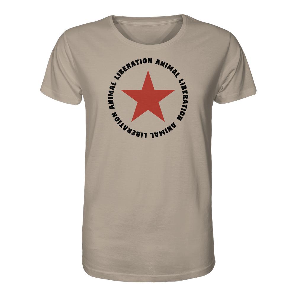 Veganes und Bio Unisex Shirt: Red Star and Animal Liberation, aus 100 % Biobaumwolle, zeigt einen roten Stern mit dem Text ANIMAL LIBERATION im Kreis.