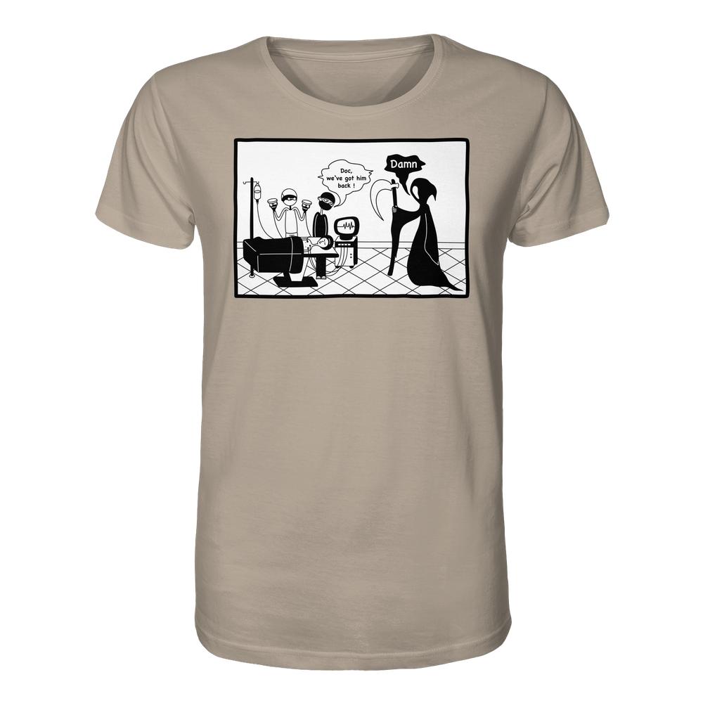 Vegan und Bio Unisex Shirt: Comicstripe - The Reaper zeigt Grim Reaper enttäuscht überlebenden Patienten; humorvolles Design auf nachhaltigem, bio-baumwollenen T-Shirt von RUDE REBEL.