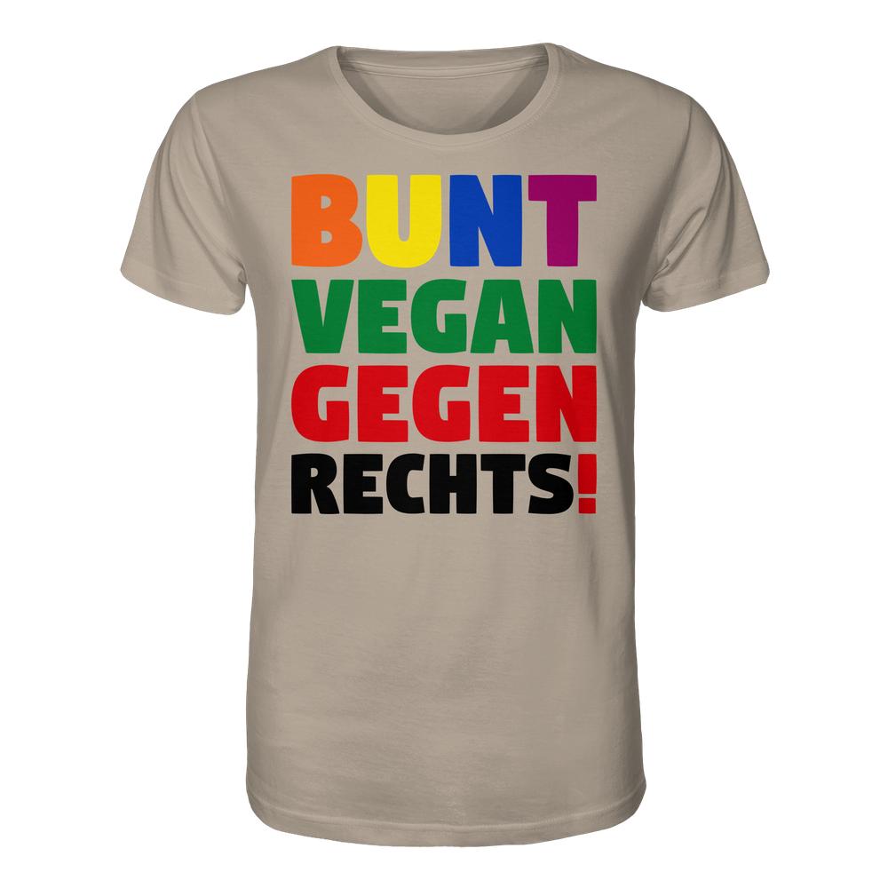 Unisex T-Shirt aus Bio-Baumwolle mit dem Slogan BUNT, VEGAN und GEGEN RECHTS! in kräftigen Farben. Design inspiriert von einer Anti-AfD-Demo. Normale Passform.