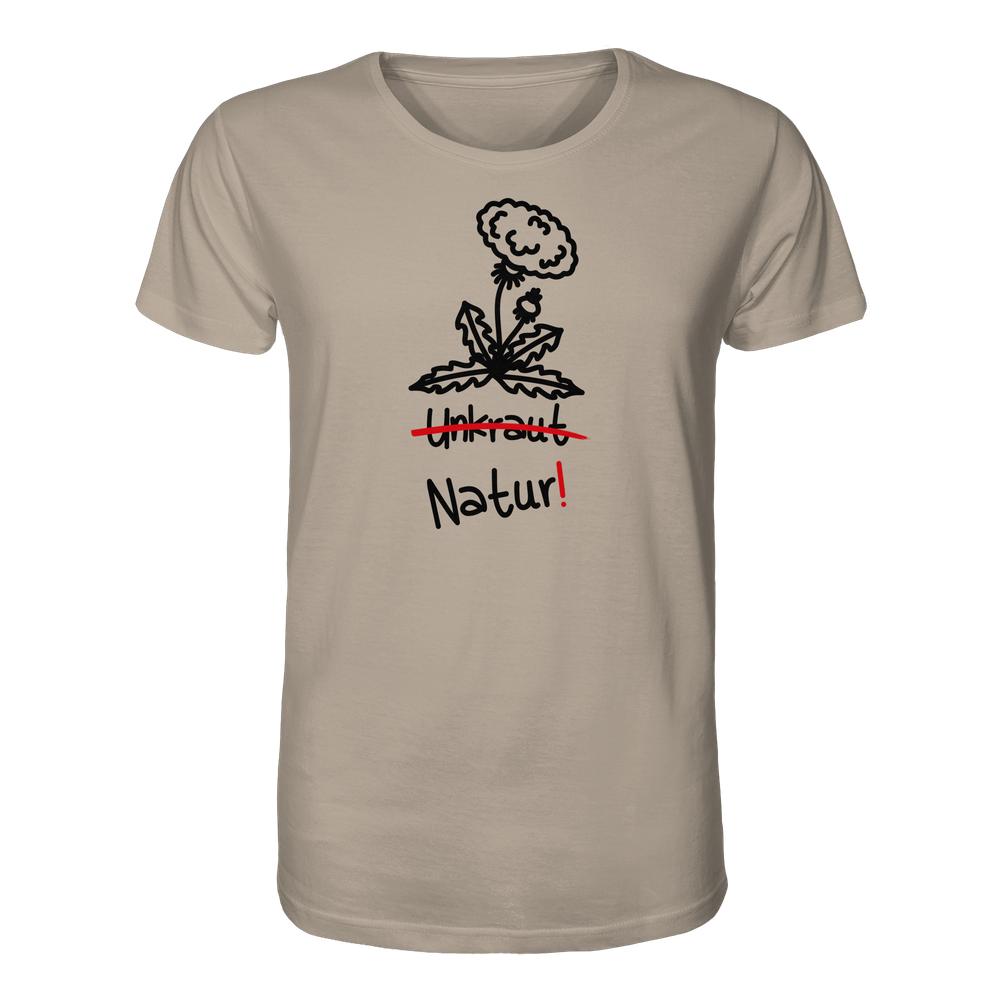 Vegan und Bio Unisex Shirt: Löwenzahn mit stilisiertem Löwenzahn-Motiv und dem durchgestrichenen Wort Unkraut, ersetzt durch Natur!. Aus 100 % Bio-Baumwolle gefertigt.