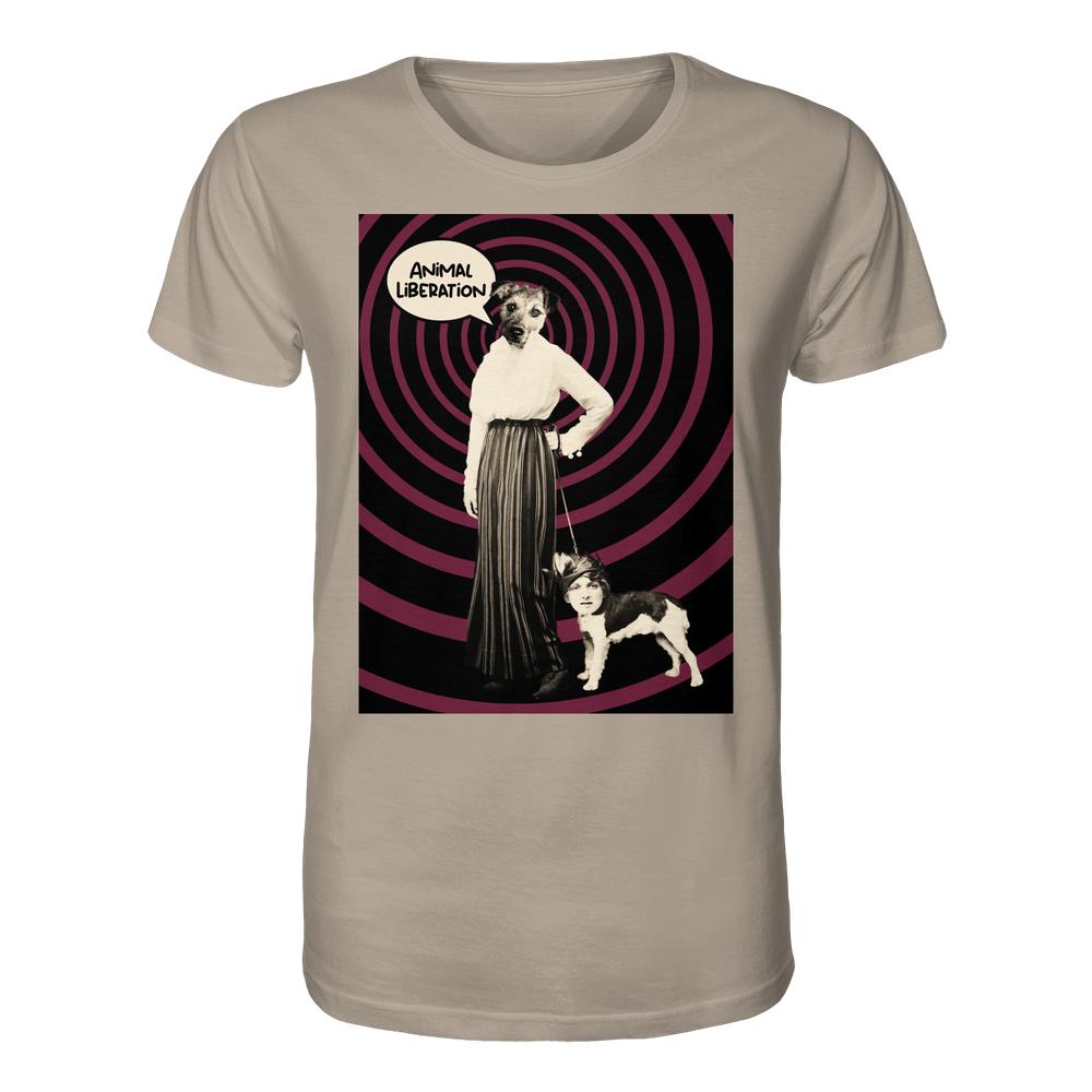 Vegan und Bio Unisex Shirt: Upside Down - Animal Liberation zeigt eine surreale Collage mit Mensch-Tier-Hybriden und hypnotischem Hintergrund, thematisiert Tierrechte und Freiheit.
