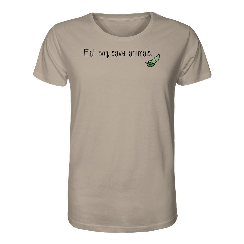 Unisex-Shirt aus Bio-Baumwolle mit normaler Passform. Aufdruck: “Eat soy, save animals.” und ein grüner Sojapod. Passend zum veganen und nachhaltigen Stil von RUDE REBEL.