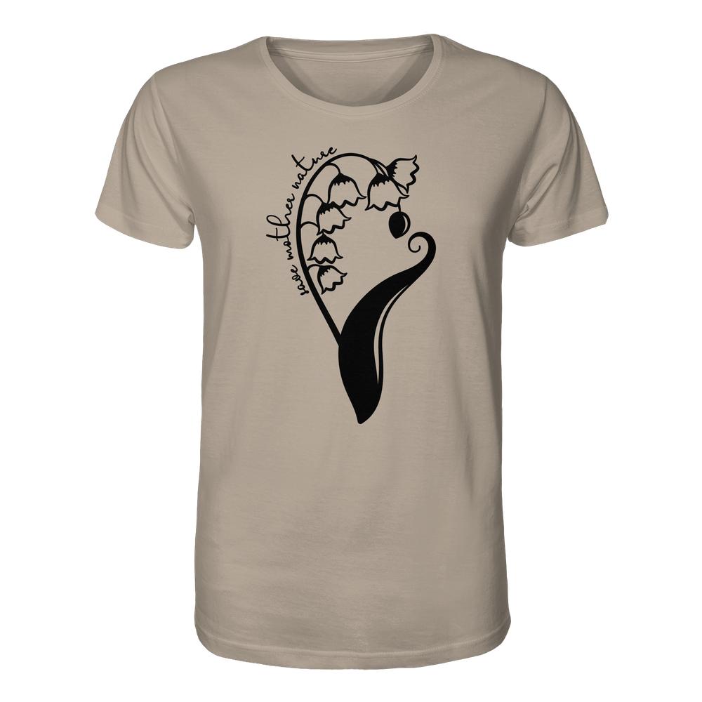 Beiges T-Shirt mit schwarzem, stilisiertem Blumenmotiv und Schriftzug „love mother nature“. Vegan und Bio Unisex Shirt: Save Mother Nature with Flower Power.