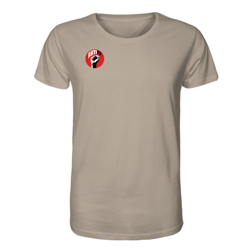 Vegan und Bio Unisex Shirt: Antifa - Gemeinsam gegen Rechts, hellbeiges T-Shirt mit rotem Antifa-Logo auf der Brust, aus reiner Bio-Baumwolle, normaler Schnitt.