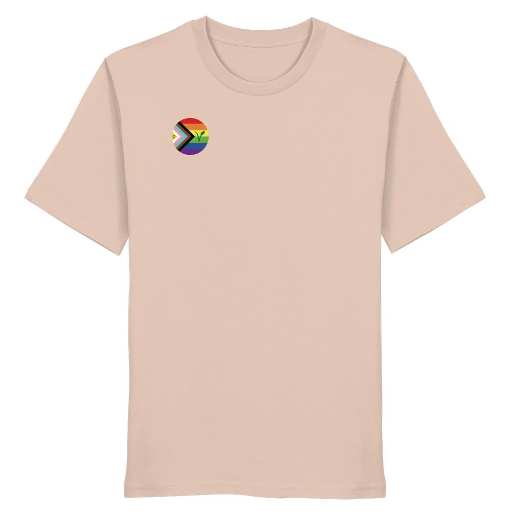 Vegan und Bio Unisex Shirt: LGBTQIA+ VEGAN mit Progress-Pride-Abzeichen auf der linken Brust. Hergestellt aus 100 % Bio-Baumwolle, verkörpert es vegane und nachhaltige Werte.
