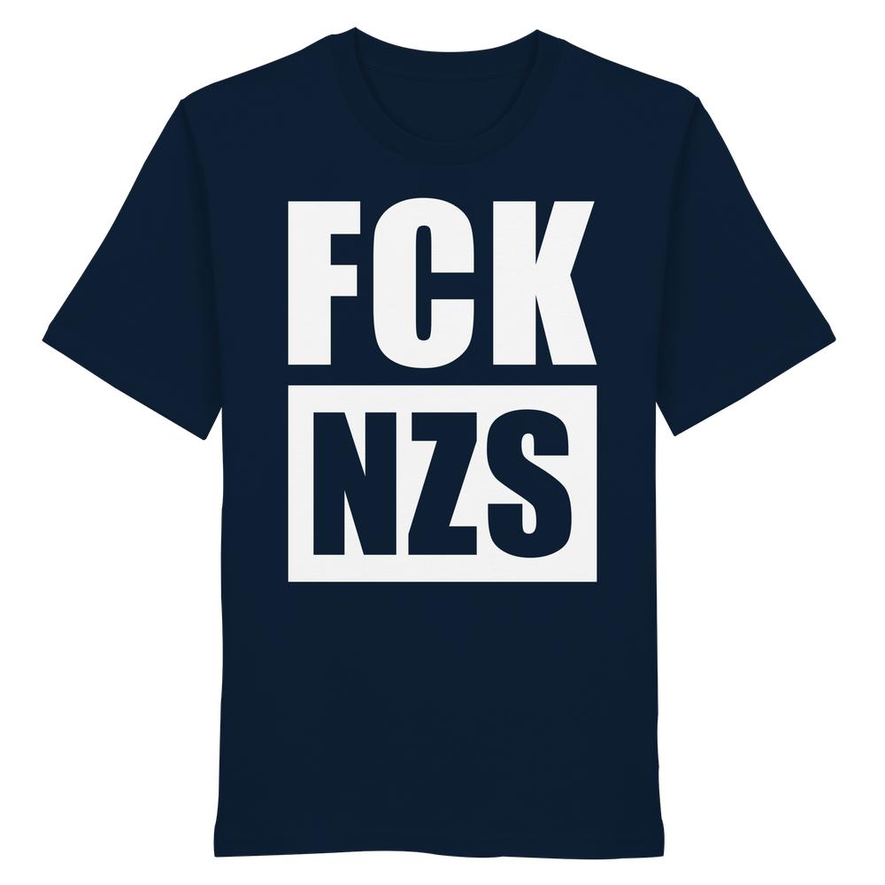 Vegan und Bio Unisex Shirt: FCK NZS in dunkelblau mit großem weißem Schriftzug. 100 % Bio-Baumwolle, normale Passform, rebellisches Design von RUDE REBEL.