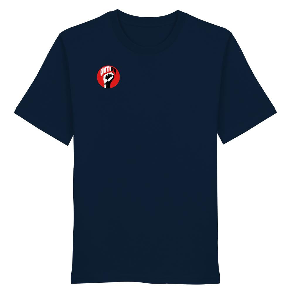 Unisex Bio-Shirt mit Antifa-Logo, zeigt rote Faust im Kreis. Nachhaltig, aus 100% Bio-Baumwolle, normaler Schnitt. Vegane Produktion von RUDE REBEL, gegen Rechts.