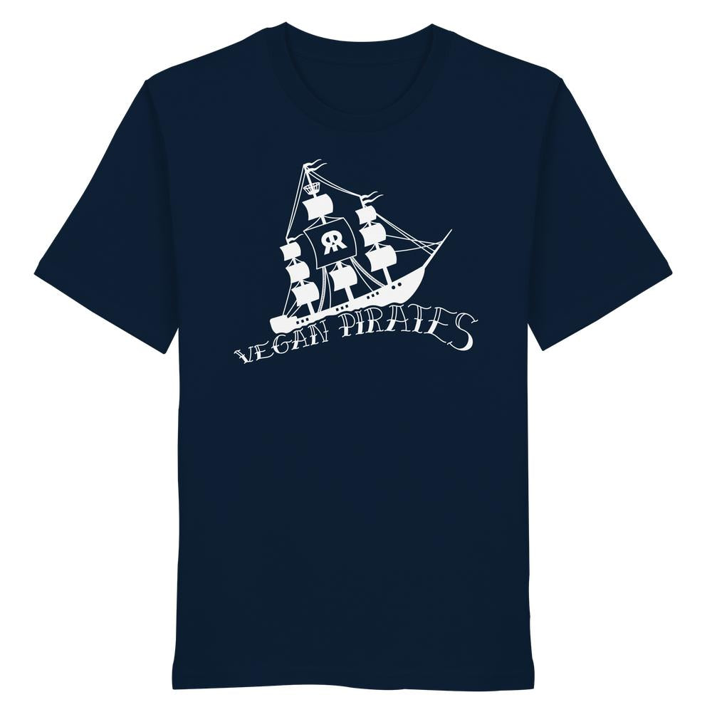 Navyblaues Vegan Pirates Unisex-Shirt mit Segelschiff-Design, 100% Bio-Baumwolle, normale Passform, repräsentiert vegane Überzeugungen, hergestellt von RUDE REBEL.