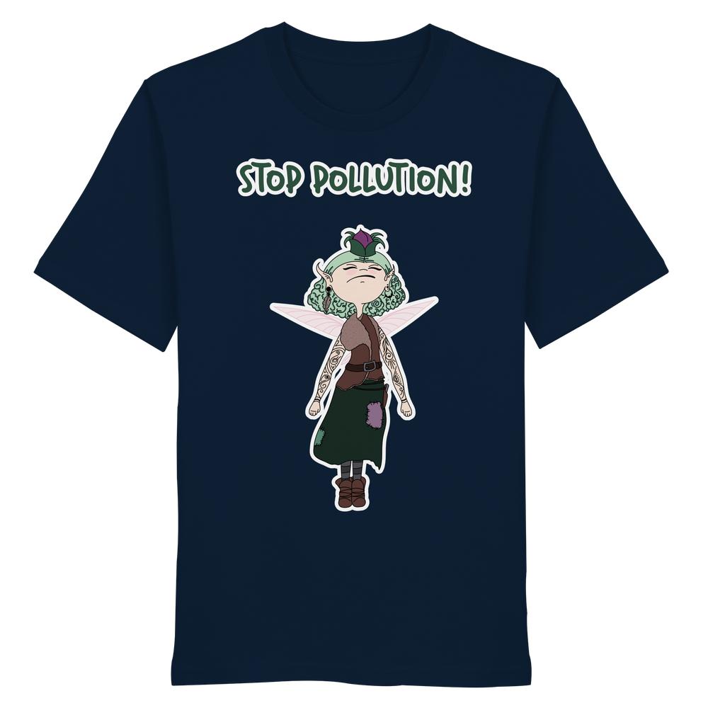 Vegan und Bio Unisex Shirt: STOP POLLUTION! - Krawall Fee mit grünen Haaren, Tattoos und Insektenflügeln, aus 100% Bio-Baumwolle, rebellisches Design von RUDE REBEL.