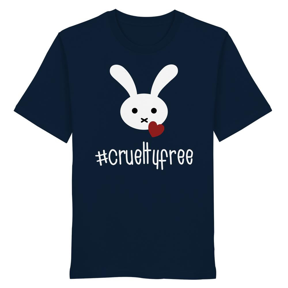 T-Shirt Vegan und Bio Unisex Shirt: Crueltyfree Bunny BIG mit Cartoon-Hasenmotiv und Herz, aus 100% Bio-Baumwolle, normaler Schnitt, von RUDE REBEL.