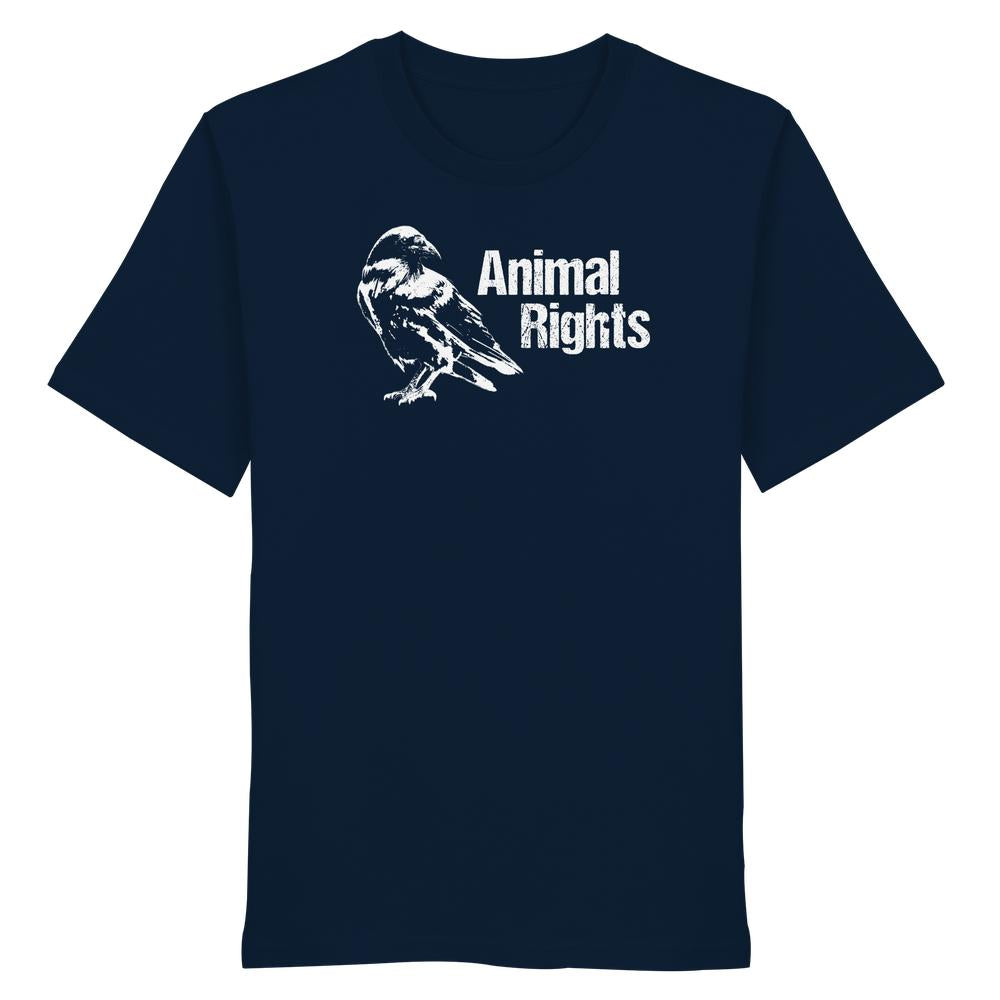 Dunkelblaues Unisex-Shirt mit auffälligem, weißem Rabe - Animal Rights-Motiv, das einen Vogel und den Schriftzug zeigt. Hergestellt aus 100% Bio-Baumwolle.