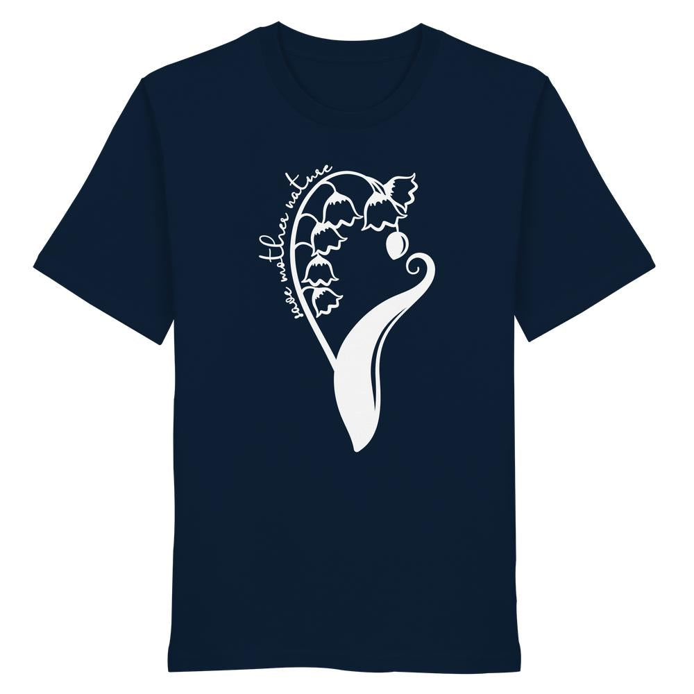Vegan und Bio Unisex Shirt: Save Mother Nature with Flower Power, navyblau mit weißem Maiglöckchen-Design und Schriftzug love mother nature, aus 100 % Bio-Baumwolle.