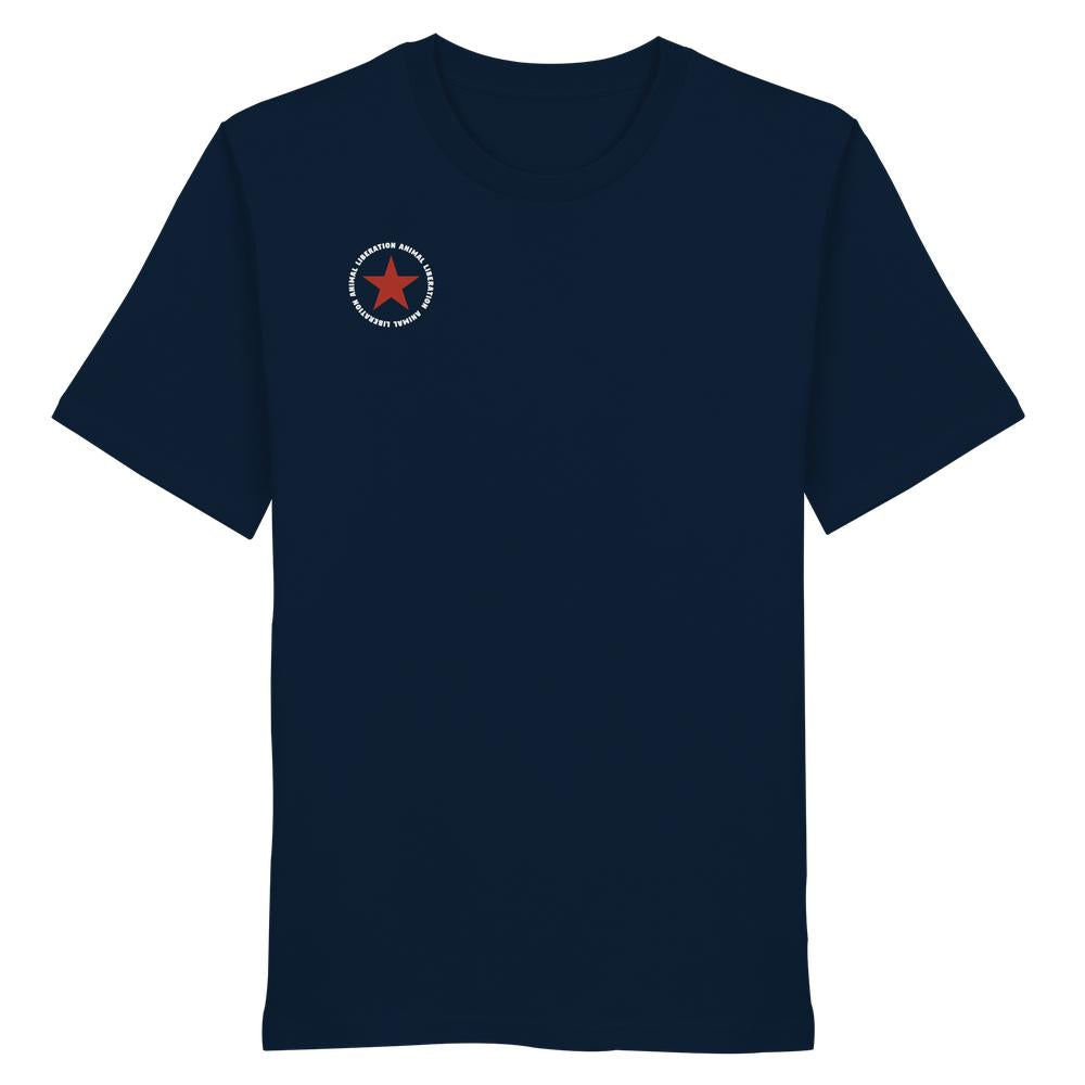 Vegan und Bio Unisex Shirt: Red Star - Animal Liberation, marineblaues T-Shirt mit kleinem roten Stern-Logo links auf der Brust. 100 % Bio-Baumwolle, normale Passform.