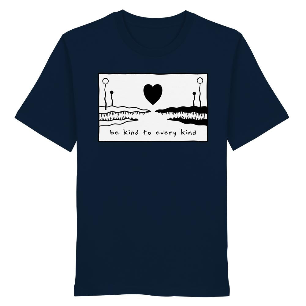 Vegan und Bio Unisex Shirt: Be kind to every kind mit Krokodilskiefer-Design, schwarzem Herz und handschriftlichem Slogan, 100% Bio-Baumwolle, normale Passform, rebellisch und tierfreundlich.