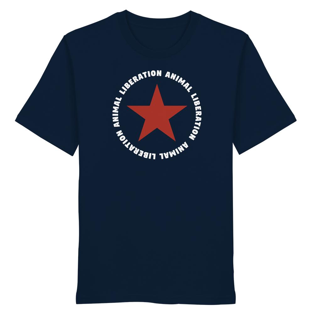 Vegan und Bio Unisex Shirt: Red Star and Animal Liberation, dunkelblaues T-Shirt mit rotem Stern und „ANIMAL LIBERATION“-Slogan in Weiß, aus 100% Bio-Baumwolle.