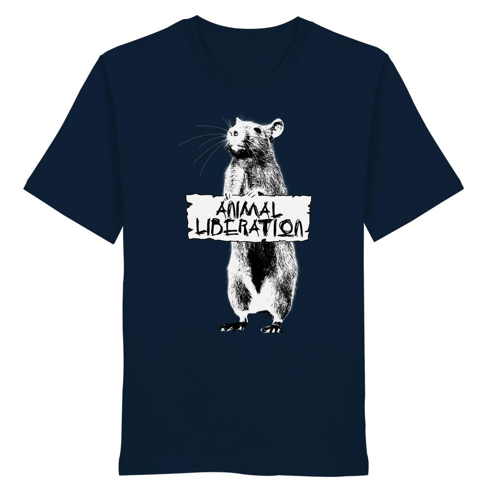 Vegan und Bio Unisex Shirt: Rat for Animal Liberation, zeigt ein Banksy-inspiriertes Rattenmotiv mit Banner „ANIMAL LIBERATION“, aus 100% Bio-Baumwolle, normale Passform.