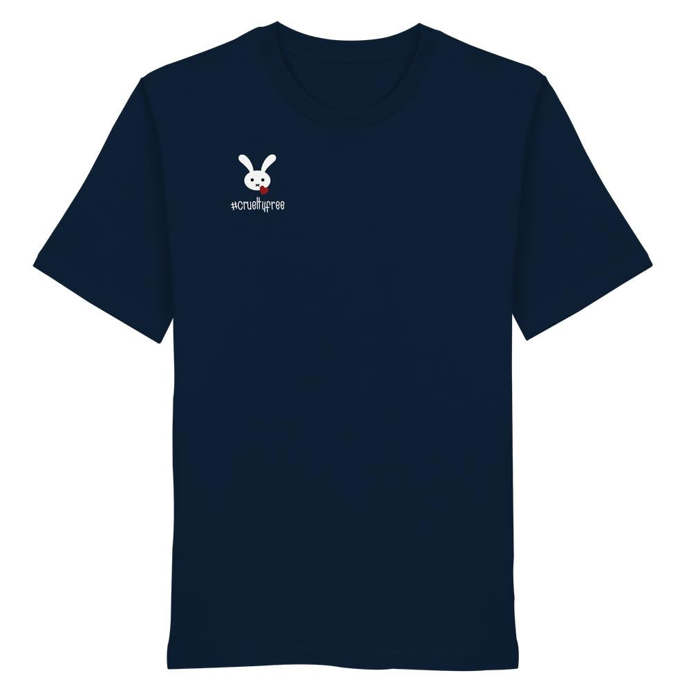 Vegan und Bio Unisex Shirt: Crueltyfree Bunny mit weißem Hasenmotiv und Schriftzug. Hergestellt aus 100% Bio-Baumwolle, normale Passform, von RUDE REBEL.