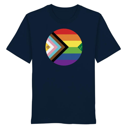 Dunkelblaues T-Shirt mit rundem LGBTQAI+ Veganismus-Design in Progress-Pride-Farben auf der Brust, aus 100% Bio-Baumwolle, normale Passform.