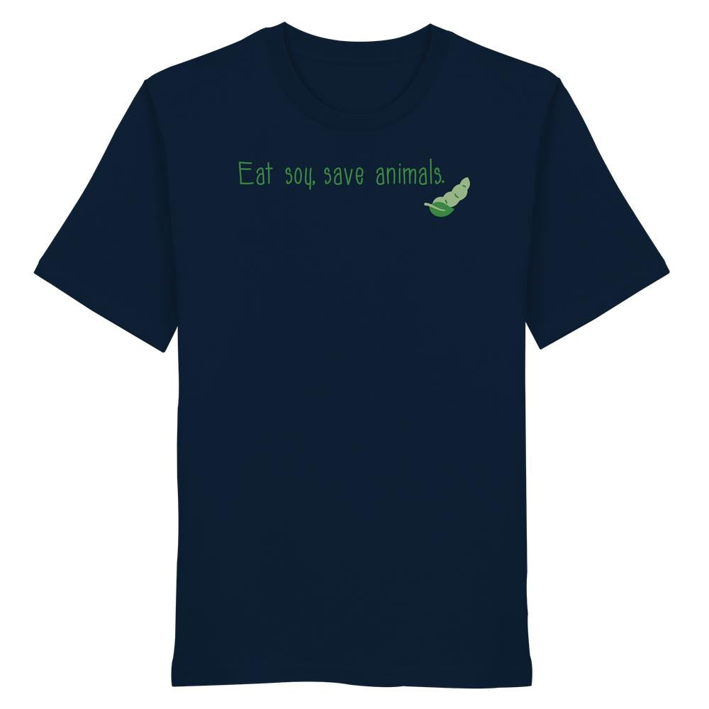 Veganes Unisex-Shirt aus Bio-Baumwolle mit dem Slogan Eat soy, save animals und Sojabohnen-Grafik, repräsentiert veganen, nachhaltigen Lifestyle von RUDE REBEL.