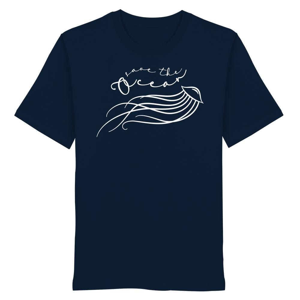Vegan und Bio Unisex Shirt: Jellyfish - Save the Ocean, zeigt eine stilisierte Qualle mit „Save the Ocean“-Text, aus Bio-Baumwolle, normaler Schnitt, nachhaltiges Design.