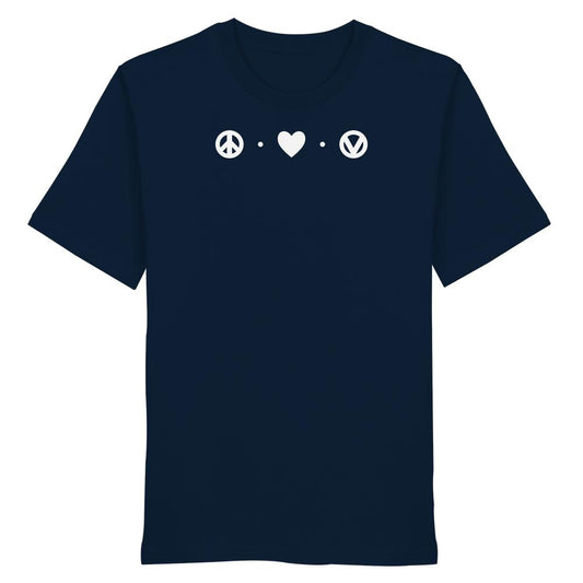 Vegan und Bio Unisex Shirt: Peace - Love - Veganism, dunkelblau mit weißem Druck von Friedenszeichen, Herz und Vegan-V. Aus 100% Bio-Baumwolle, normaler Schnitt.
