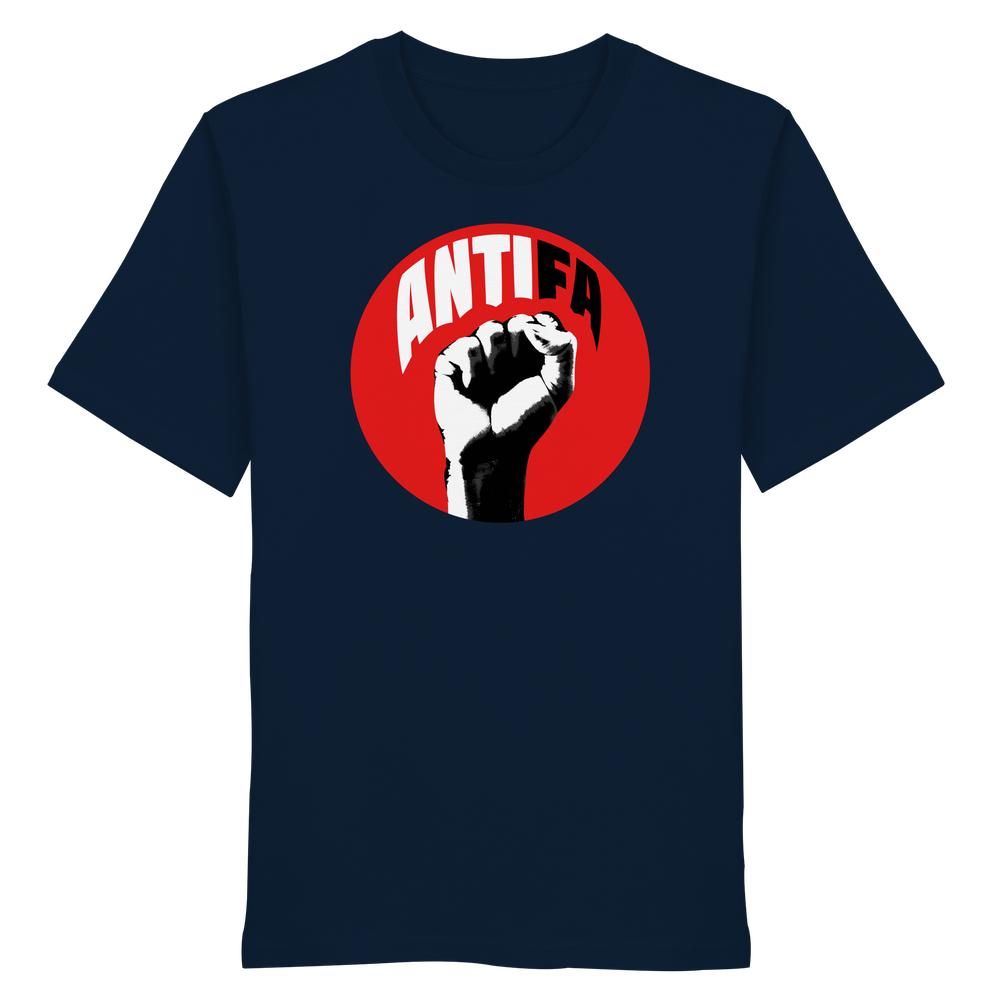 Unisex Bio-Shirt Antifa - Kampf gegen Rechts mit rotem Kreis und schwarzer Faust, symbolisiert Widerstand gegen Faschismus. Hergestellt aus 100% Bio-Baumwolle.