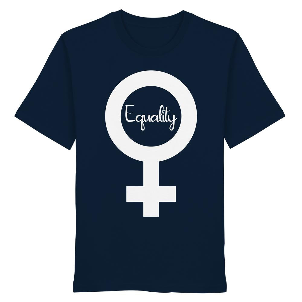 Navy-blaues T-Shirt mit großem weißen Venuszeichen, Equality Schriftzug, vegan und bio, symbolisiert Feminismus und Gleichberechtigungskampf.