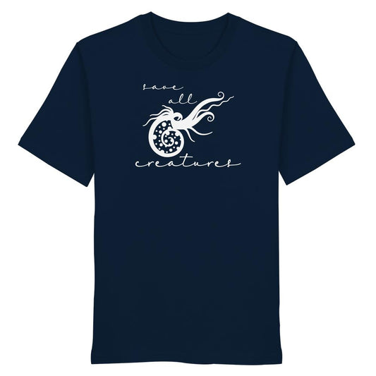 Vegan und Bio Unisex Shirt: Save All Creatures, dunkelblau mit weißem Nautilus-Design und Text, fördert Tierschutz. 100% Bio-Baumwolle, normale Passform, designed von RUDE REBEL.