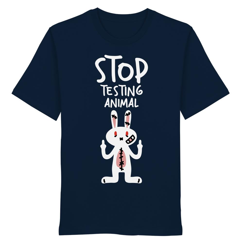 Vegan und Bio Shirt: Angry Rabbit - Animal Rights, dunkelblau mit Cartoon-Kaninchen, das gegen Tierversuche protestiert. 100% Bio-Baumwolle, normale Passform.