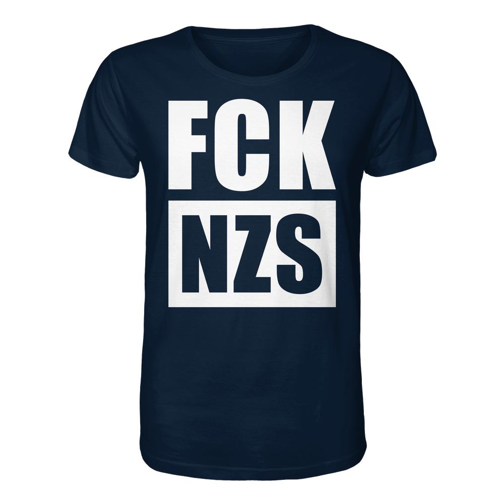 Vegan und Bio Unisex Shirt: FCK NZS, dunkelblau mit weißem Slogan gegen Rechts, 100% Bio-Baumwolle, normale Passform, von RUDE REBEL.