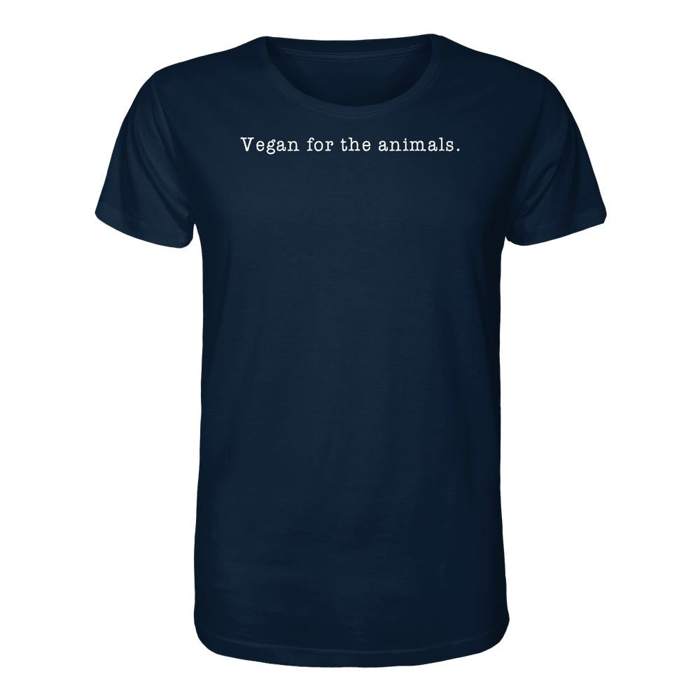 Dunkel-navy Unisex-Shirt mit dem Text “Vegan for the animals.” in Weiß, aus 100% Biobaumwolle, normale Passform, ideal für vegane und nachhaltige Mode.