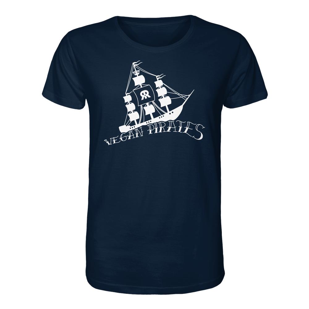 Dunkelblaues T-Shirt mit Segelschiff und Vegan Pirates-Aufdruck, aus 100% Biobaumwolle. Ideal für vegane und nachhaltige Mode mit rebellischem Design.