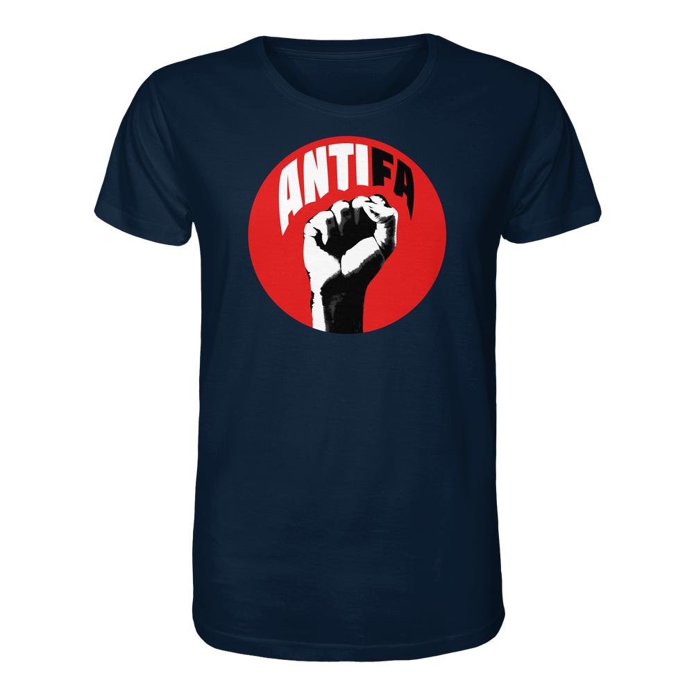 Veganes Bio-Shirt Antifa - Kampf gegen Rechts mit rotem Kreis- und stilisiertem Faustmotiv. Hergestellt aus 100 % Bio-Baumwolle, fördert es Freiheit und Demokratie.