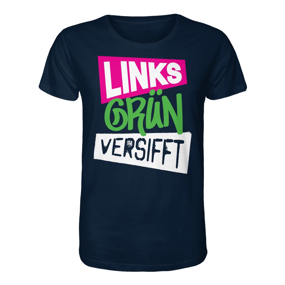 Navy-blaues Unisex-Shirt mit Slogan LINKS GRÜN VERSIFFT in Stencil-Schrift, aus Bio-Baumwolle, von RUDE REBEL, vegan und nachhaltig designt.